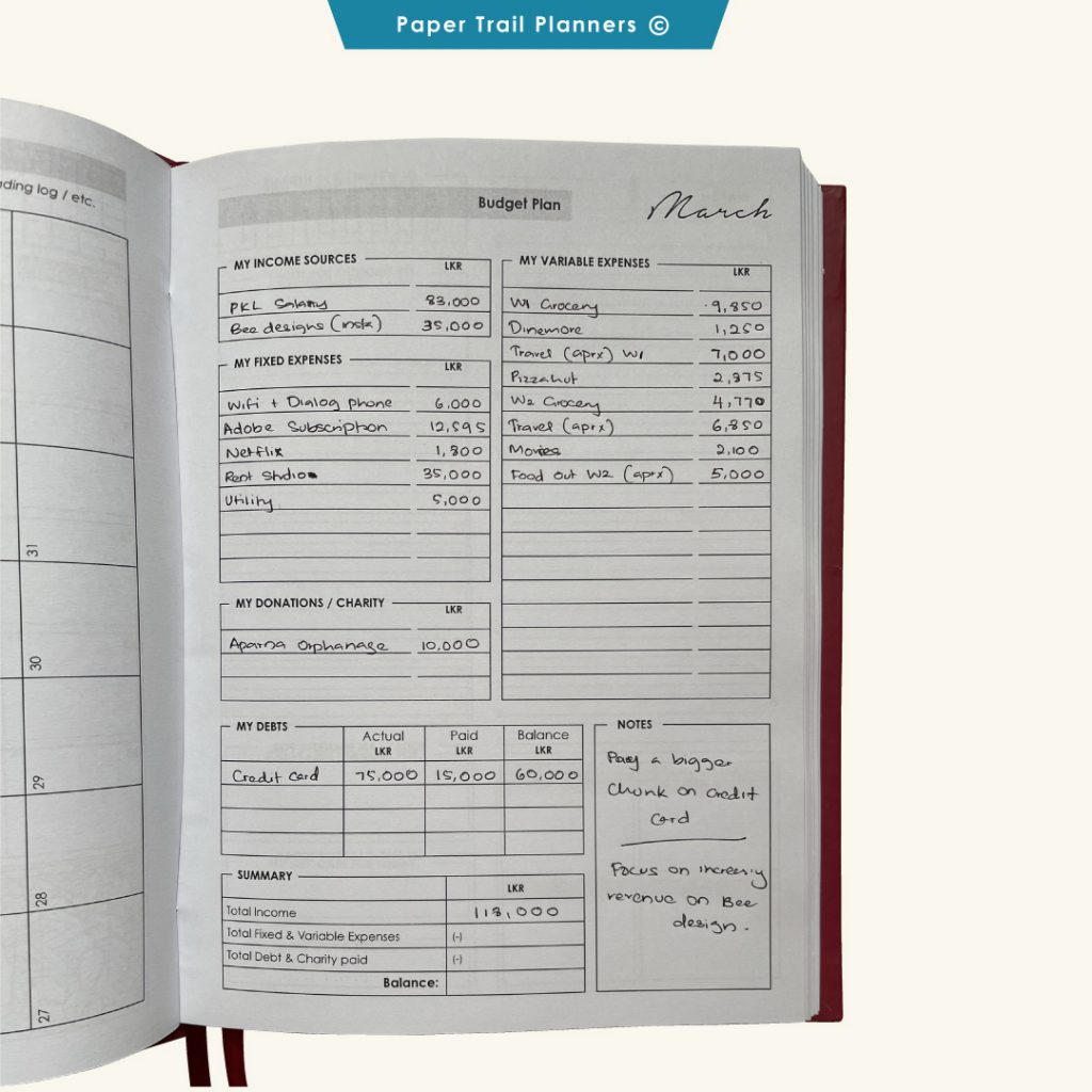 paper trail - monthly budget plan